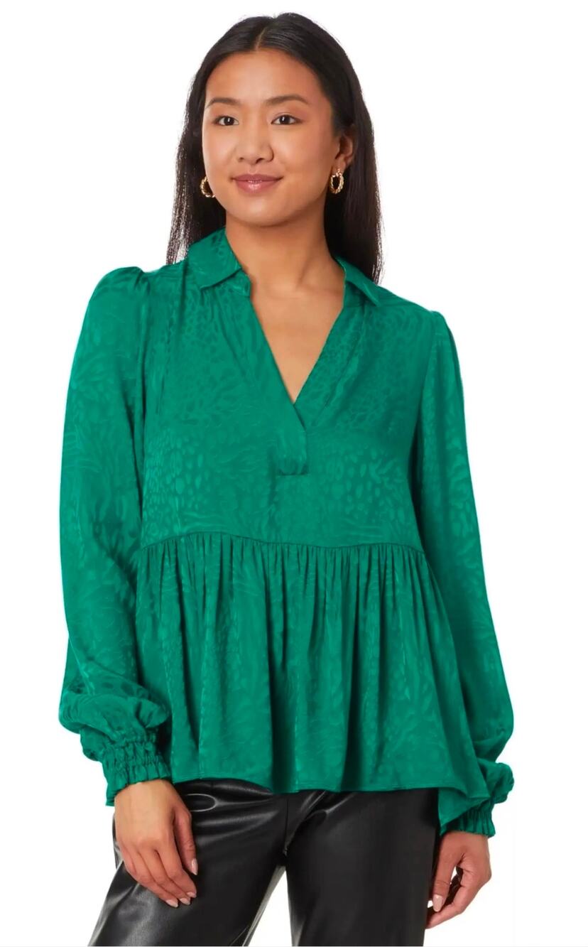 Lilly Pulitzer Green Leopard Shadow Peplum Blouse Long Sleeve V-Neck Small NWT